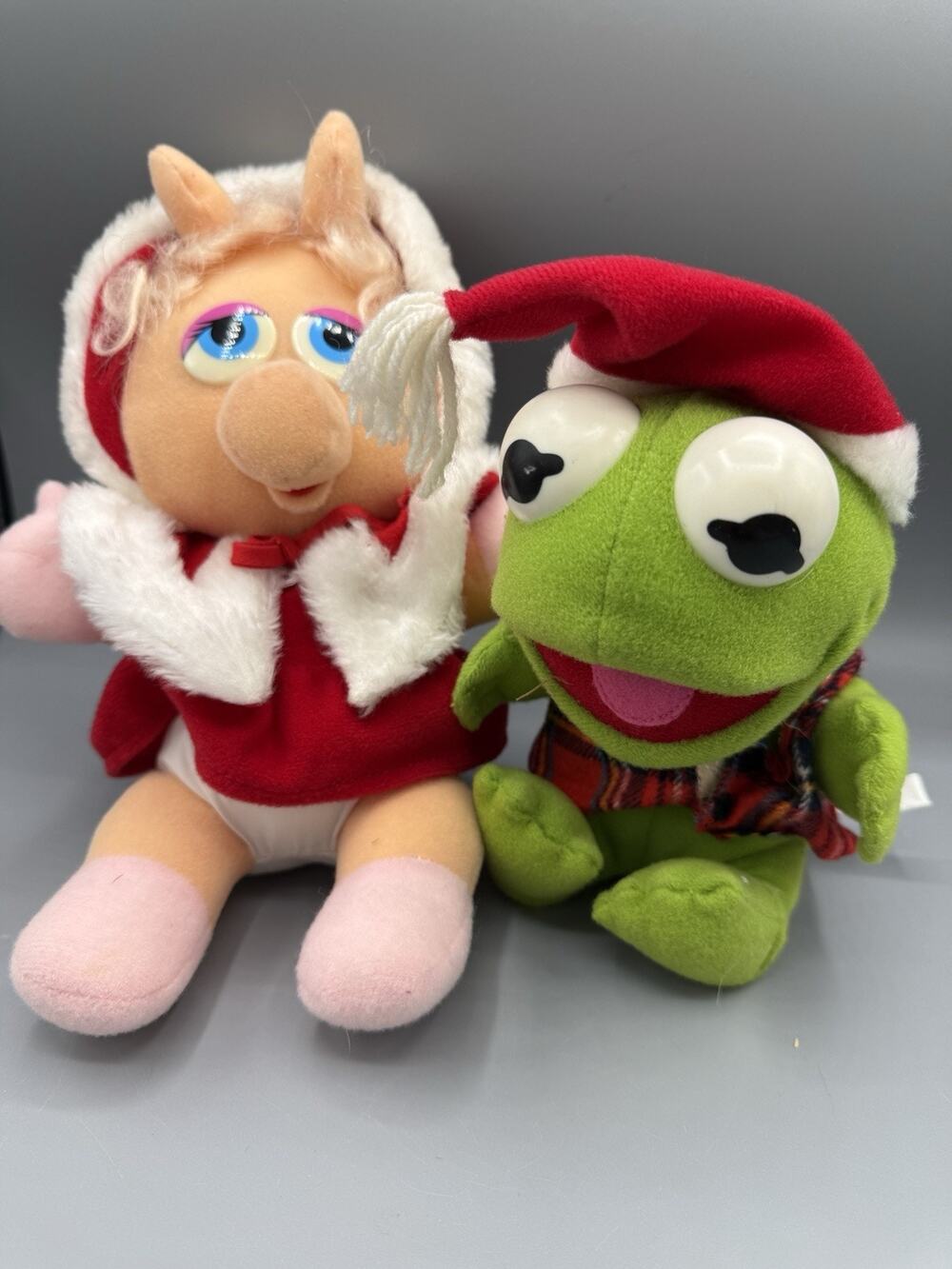 Vintage 1987 Muppet Babies Kermit Miss Piggy Christmas Plush Pair Henson
